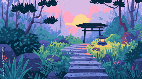 Temple Gate with Candle Lantern Path