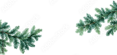 Watercolor frame of fir tree needles. Coniferous tree branch on a white isolated background. Border for winter, Christmas and New Year designs. Natural winter clipart.