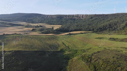 Aerial Landscape near Pamplona and Alto del Perdon, Spain . Windmills in the distance 