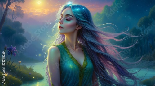 Fantasy-Portrait - Hübsche junge Frau mit bunten Haaren