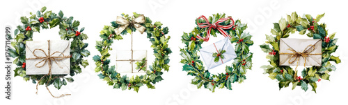 Watercolor set of Christmas wreaths with a leaf. Holly wreath decorated with a bow and with an attached leaf. Christmas vintage decor with gifts. Merry Christmas.