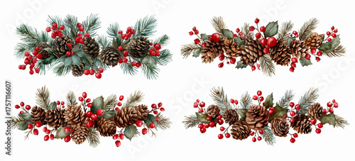 Watercolor set of Christmas frames. Natural frames made of fir tree branches, holly and decorated with pine cones. Vintage Christmas and New Year elements. Vector illustration.