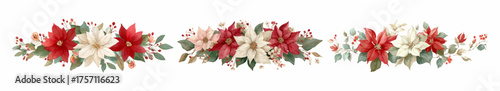 Watercolor set of poinsettia bouquets. Vintage Christmas frames with white and red poinsettia flowers and holly branches. Floral Christmas arrangements. Vector illustration.