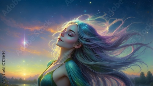 Fantasy-Portrait - Hübsche junge Frau mit bunten Haaren