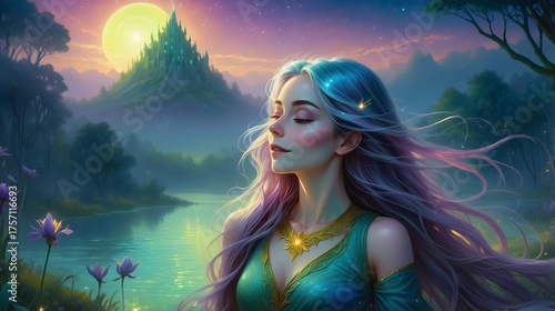 Fantasy-Portrait - Hübsche junge Frau mit bunten Haaren