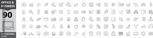 Modern Office and Business Line Icons. Editable Vector Set for Teamwork, Documents, Devices and Infographics..eps