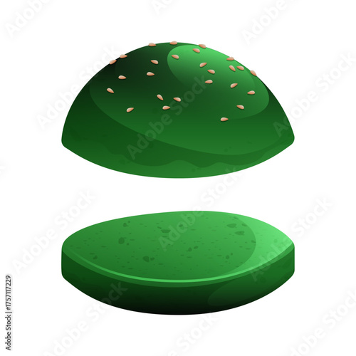 A vibrant green hamburger bun with seeds, illustrated as two separate halves for building a burger