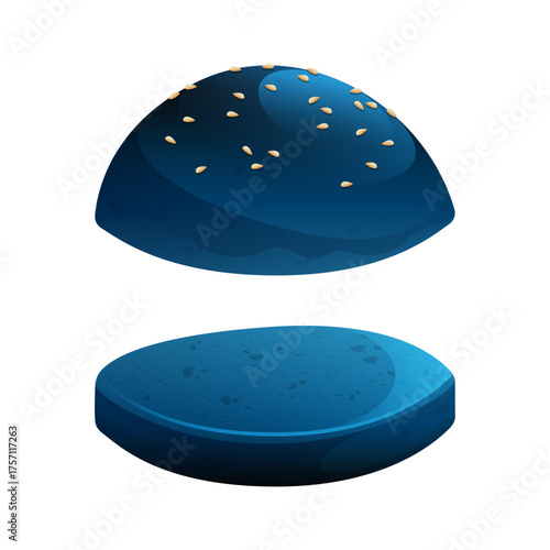 Open dark blue burger bun with sesame seeds ready for filling, a cartoon-style isolated object