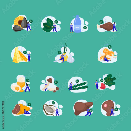 A diverse set of vector icons representing various food groups, ingredients, and nutritional data analysis