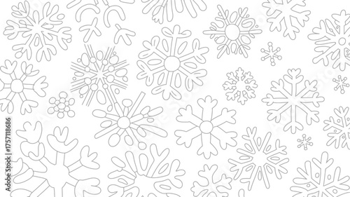 A collection of various snowflake outlines scattered across a white background in a repeating pattern