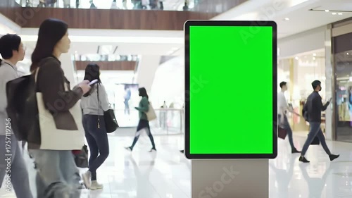 Green Screen Mockup in Modern Shopping Mall with People Walking By and Warm Lighting