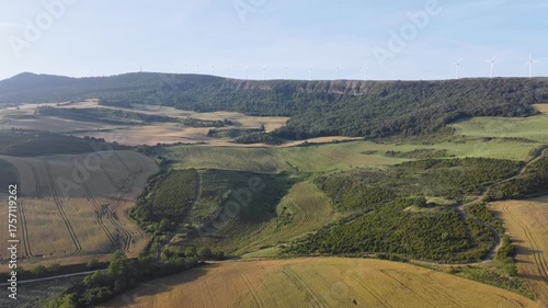 Aerial Landscape near Pamplona and Alto del Perdon, Spain . Windmills in the distance 
