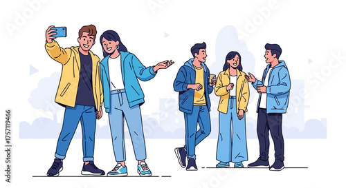 A vibrant illustration of young friends enjoying modern social life, taking selfies, and chatting happily together