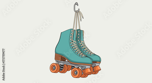Vintage turquoise quad roller skates with orange wheels hanging from a hook against a plain background, evoking nostalgia and recreation