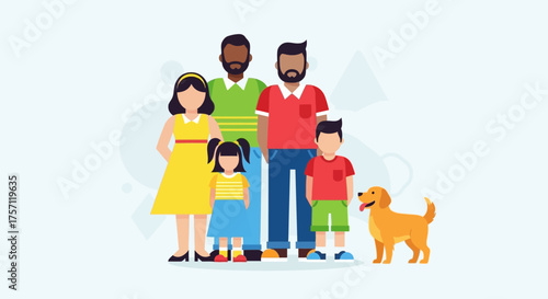 Modern diverse family flat illustration with multiple adults, happy children, and a pet dog, representing unity, love, and contemporary family life and bonds