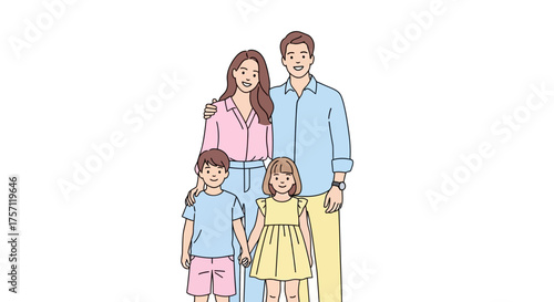 A cheerful family illustration featuring a mother, father, son, and daughter, emphasizing happiness, unity, and the warmth of family connections