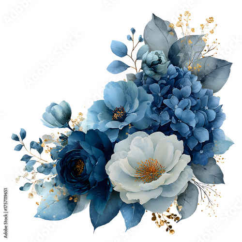 Watercolor blue flowers creating elegant wedding bouquet design