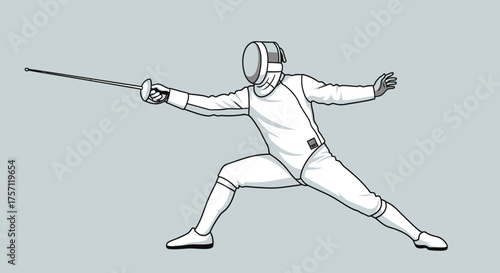 Fencer in Action A Detailed Illustration of the Sport of Fencing with Foil Equipment