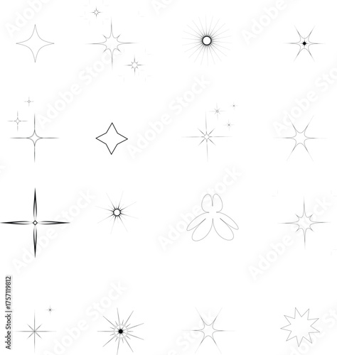 Vector set of different black Stars line art icon Collection of star sparkles symbol. Design on white background.