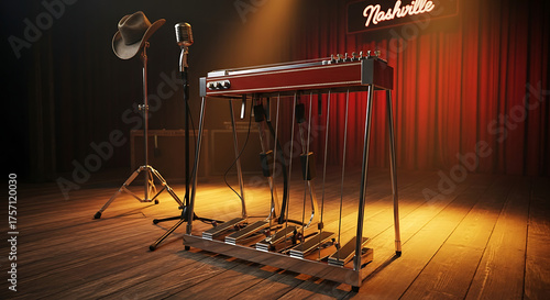 A pedal steel guitar and microphone stand on a stage with a nashville sign in the background