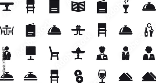 Collection of restaurant and dining icons including tables chairs menus food service and staff isolated on transparent background