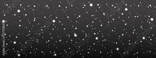 Sparkling falling snow overlay on a transparent background. Magical effect with glittering white particles and glowing stars for winter, Christmas, or holiday designs