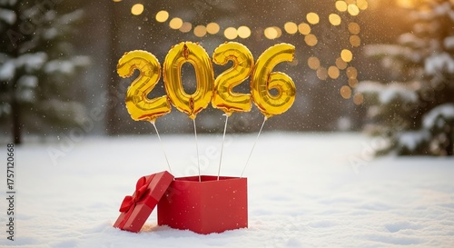 Golden 2026 balloons floating out of a red gift box in a snowy winter landscape with blurred lights in background