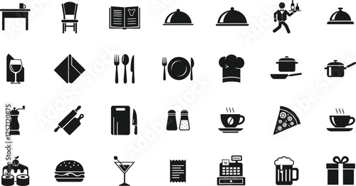 Collection of restaurant and dining icons including food service kitchenware and dining elements isolated on transparent background