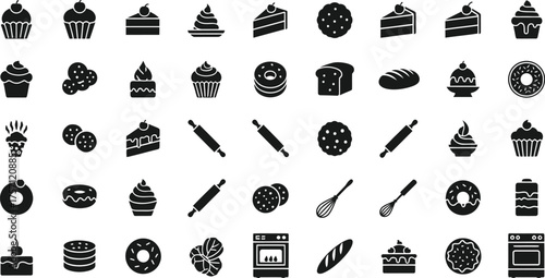 Collection of black and white baking and dessert icons including cakes cupcakes donuts and baking tools isolated on transparent background