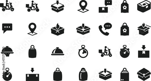 Collection of delivery and logistics icons including robots packages boxes locations and communication symbols isolated on transparent background