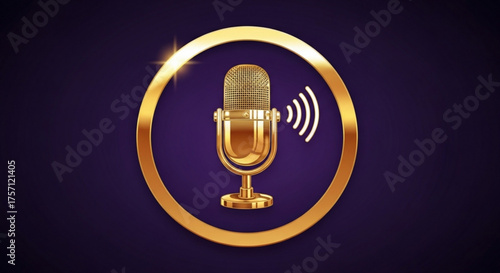 Golden podcast microphone for radio broadcasting and audio recording with sound waves and circle frame