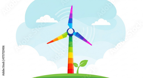 Colorful wind turbine illustration for renewable energy and sustainable power generation concept design image