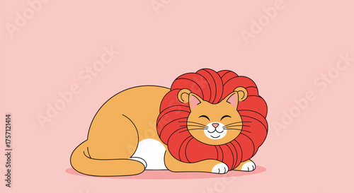 An adorable ginger cat dressed as a lion with a fluffy red mane rests happily.