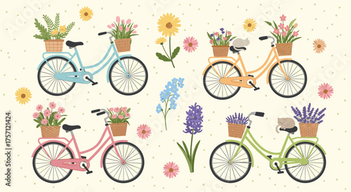 A charming collection of vintage bicycles adorned with vibrant floral arrangements.