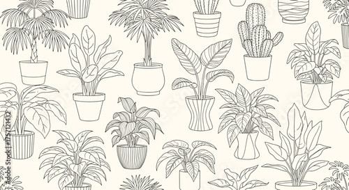 An assortment of potted houseplants displayed in a repeating pattern on a cream background.