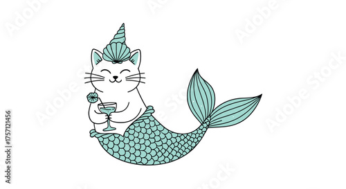 A whimsical cat dressed as a mermaid holding a drink and wearing a party hat.