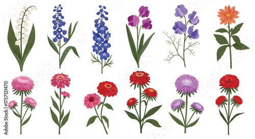 A collection of detailed pixel art illustrations of various blooming flowers including lilies of the valley delphiniums and asters.