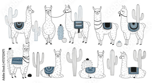 A collection of line drawings featuring llamas adorned with decorative blankets and satchels.