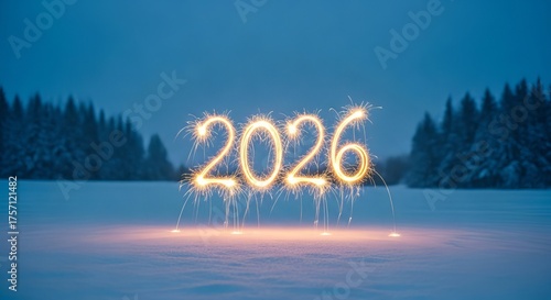 Sparkling 2026 new year celebration over a snowy field with a backdrop of snowcovered trees, creating a magical and serene atmosphere