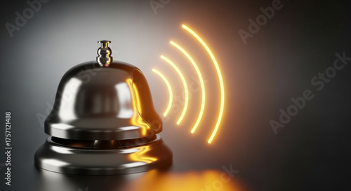 Shiny silver service bell ringing for assistance and attention in hotel or restaurant setting concept