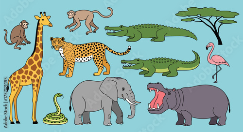 A vibrant collection of African safari animals and a savanna tree.