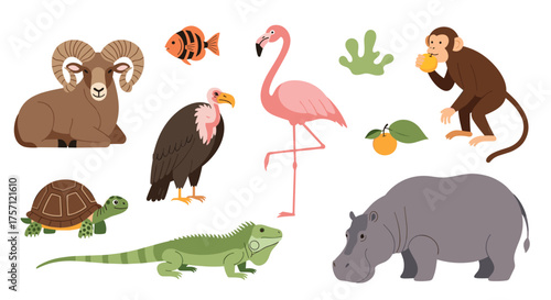 A vibrant collection of diverse animals from various habitats and ecosystems across the globe.