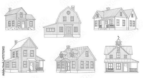 A collection of six distinct architectural sketches showcasing diverse house designs and styles.