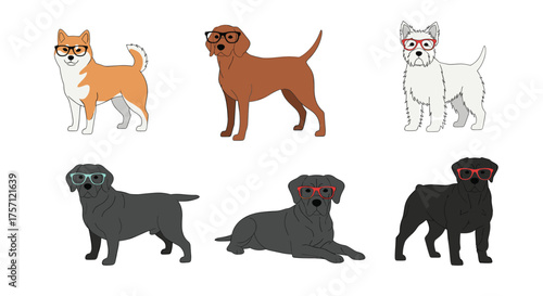 A collection of adorable pixelated dogs sporting stylish glasses looking very intelligent.