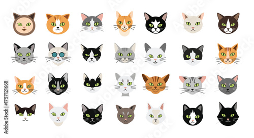 A collection of diverse pixel art cat faces with various expressions and colors.