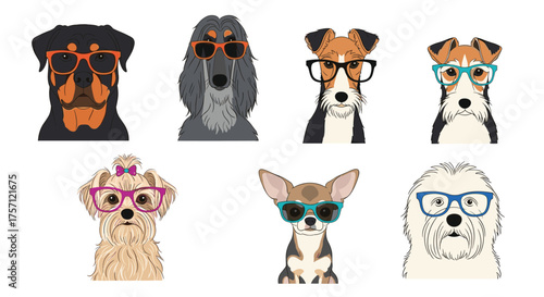 A collection of cute dogs wearing different stylish eyeglasses showcasing their unique personalities.