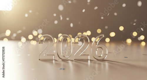 Elegant 2026 new year display with glass number and golden confetti, creating a luxurious and celebratory atmosphere, festive and bright