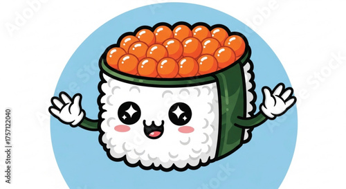 Cute kawaii sushi cartoon vector illustration with salmon roe nigiri japanese food character for kids design