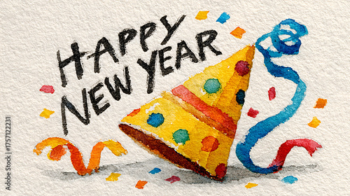 watercolor illustration of a party hat and streamers with 