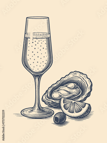 champagne glass with oyster and lemon engraving vector illustration